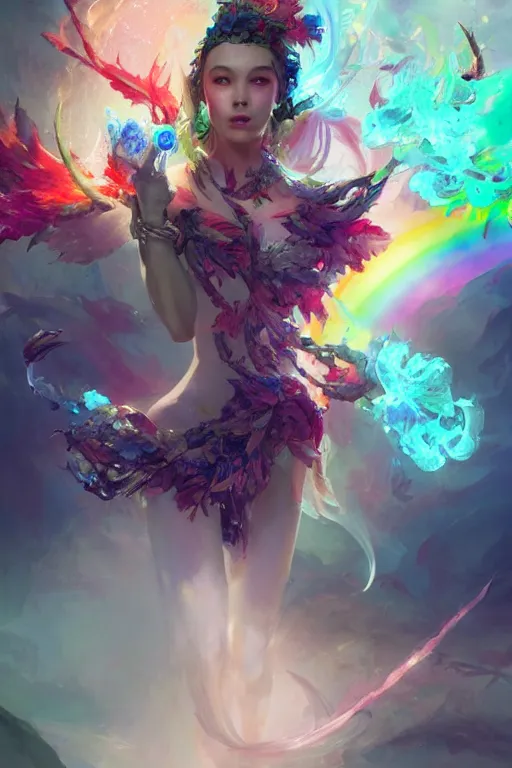 Image similar to beautiful girl necromancer covered with crystals exploding rainbow, 3 d render, hyper realistic detailed portrait, holding magic leaves, ruan jia, wlop. scifi, fantasy, hyper detailed, octane render, concept art, peter mohrbacher