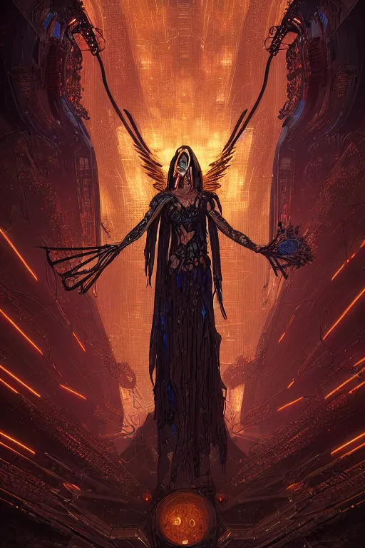 Image similar to a beautiful tarot card artwork of a cyberpunk fallen dark seraphim, horror, backlit, gloomy sky, highly detailed, digital painting, intricate golden threads, by eddie mendoza and greg rutkowski and dan mumford and artgerm, vivid colors, detailed shading, 8 k resolution, intricate, smooth