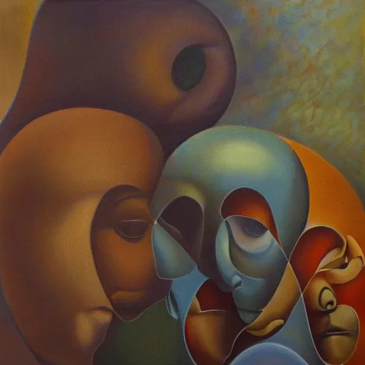 Image similar to three intiates, surrealism, oil on canvas, high detail