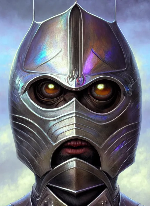 Image similar to anthropomorphic knight head in iridescent darkyiron mr bean giant pupils, intricate, elegant, highly detailed face, wide angle, digital painting, artstation, concept art, sharp focus, illustration, art by artgerm, bob eggleton, stephen hickman, richard corben, wayne barlowe, greg rutkowski, alphonse mucha, 8 k