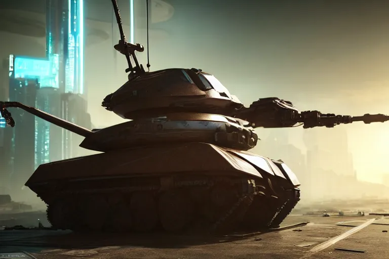 Prompt: cyberpunk alien concept inspired tank, futuristic look, highly detailed body, very powerful, photorealistic camera shot, bright studio setting, studio lighting, crisp quality and light reflections, unreal engine 5 quality render