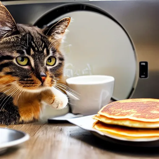 Image similar to a really cute cat eating pancakes on a microwave, photograph