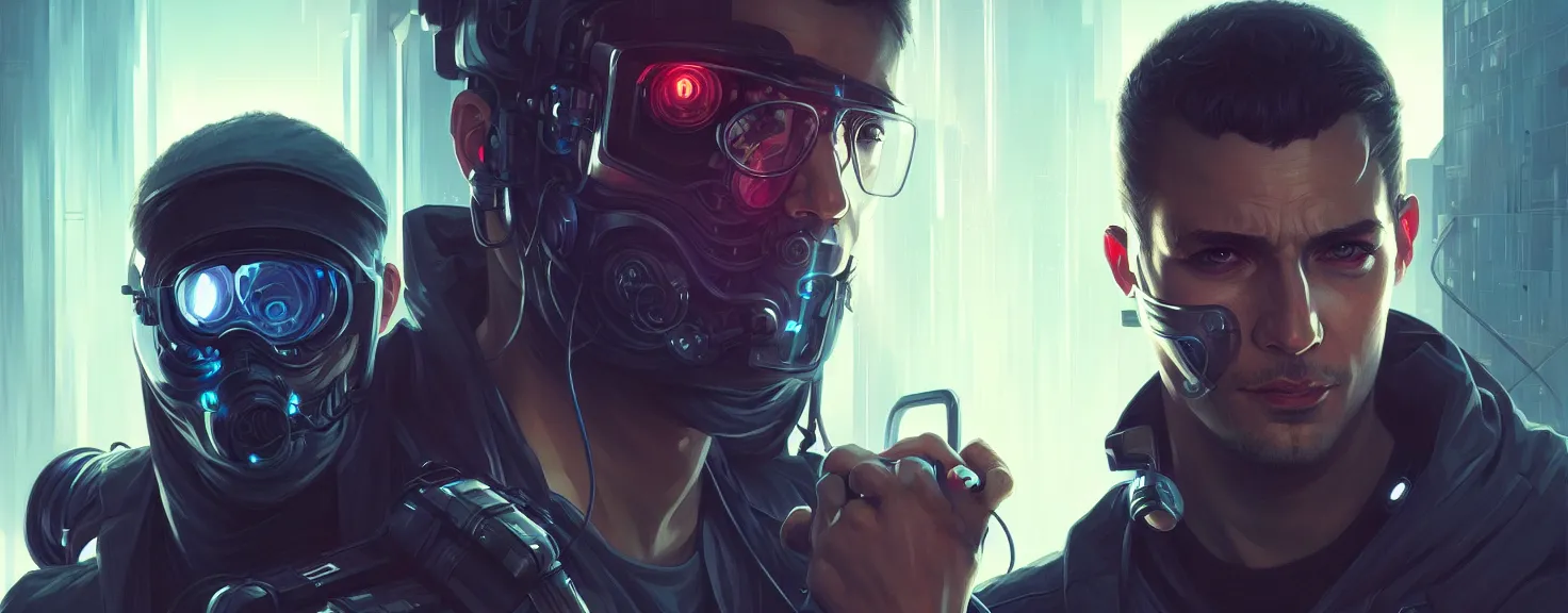 Image similar to Hacker cyberpunk man portrait, highly detailed, digital painting, artstation, concept art, smooth, sharp focus, illustration, art by artgerm and greg rutkowski and alphonse mucha