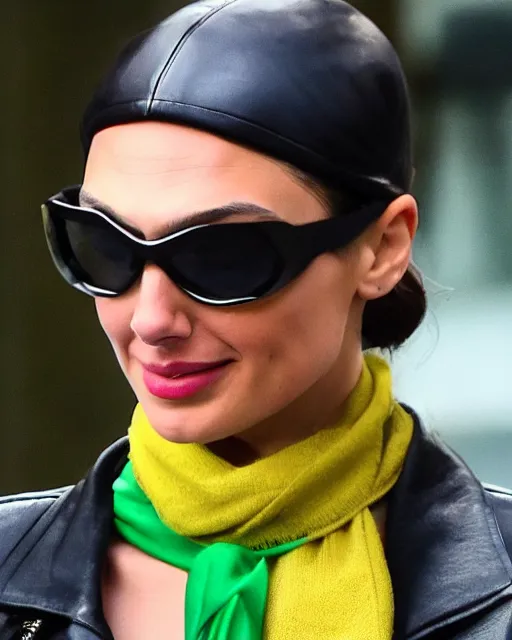 Image similar to headshot of gal gadot wearing a leather cap and aviator goggles, he is also wearing an yellow leather jacket, a long green silk scarf wrapped around her neck