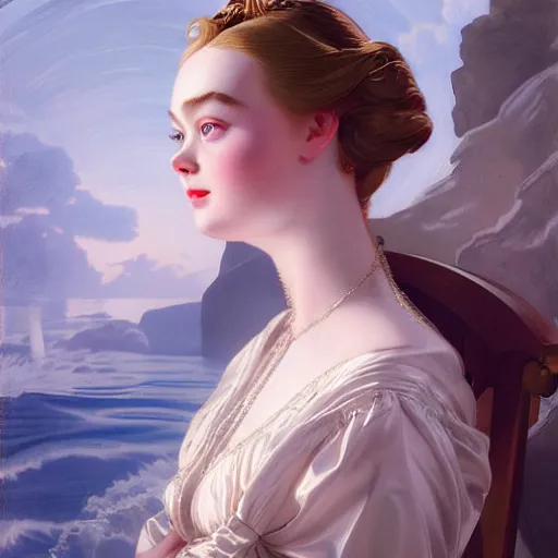 Image similar to leyendecker and peter paul rubens, head and shoulders portrait of a elle fanning, nighttime, at sea, ray tracing, unreal engine, fantasy art by global illumination, radiant light, detailed and intricate environment