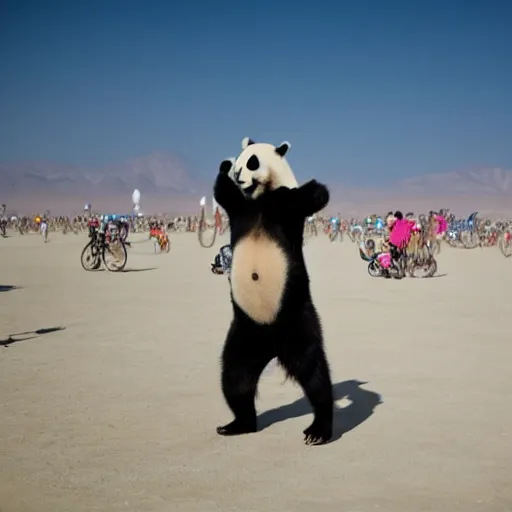 Image similar to a panda dancing on a busy playa at burning man