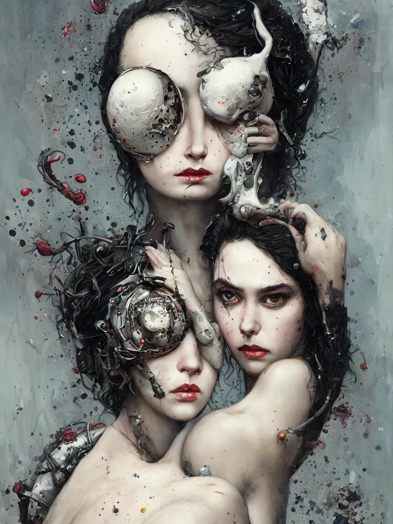 Image similar to a splatterpunk portrait of a gorgeous clone and her maker with jet black hair with one white strand, with thin lips, with a hawk pearched on her shoulderhyperrealistic, award-winning, masterpiece, in the style of Tom Bagshaw, Cedric Peyravernay, Peter Mohrbacher