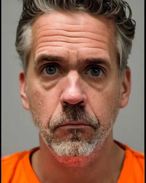 Image similar to prison mugshot of jordan peterson, bright flash, orange prison shirt, low saturation, somber expression, filthy hair, rugged textured face, soft vignette, soft focus, 5 0 mm, 4 k, nypd