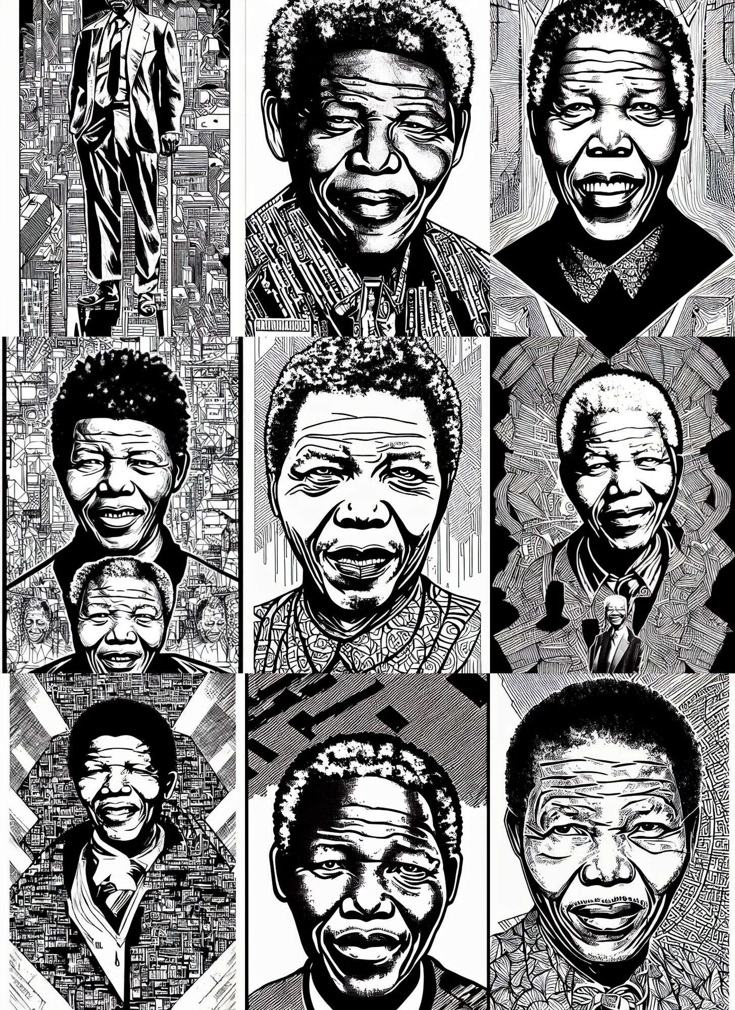 Prompt: nelson mandela, portrait, cyberpunk 2 0 2 0 manual, by steampoweredmikej, inktober, ink drawing, black and white, coloring pages, manga, highly detailed