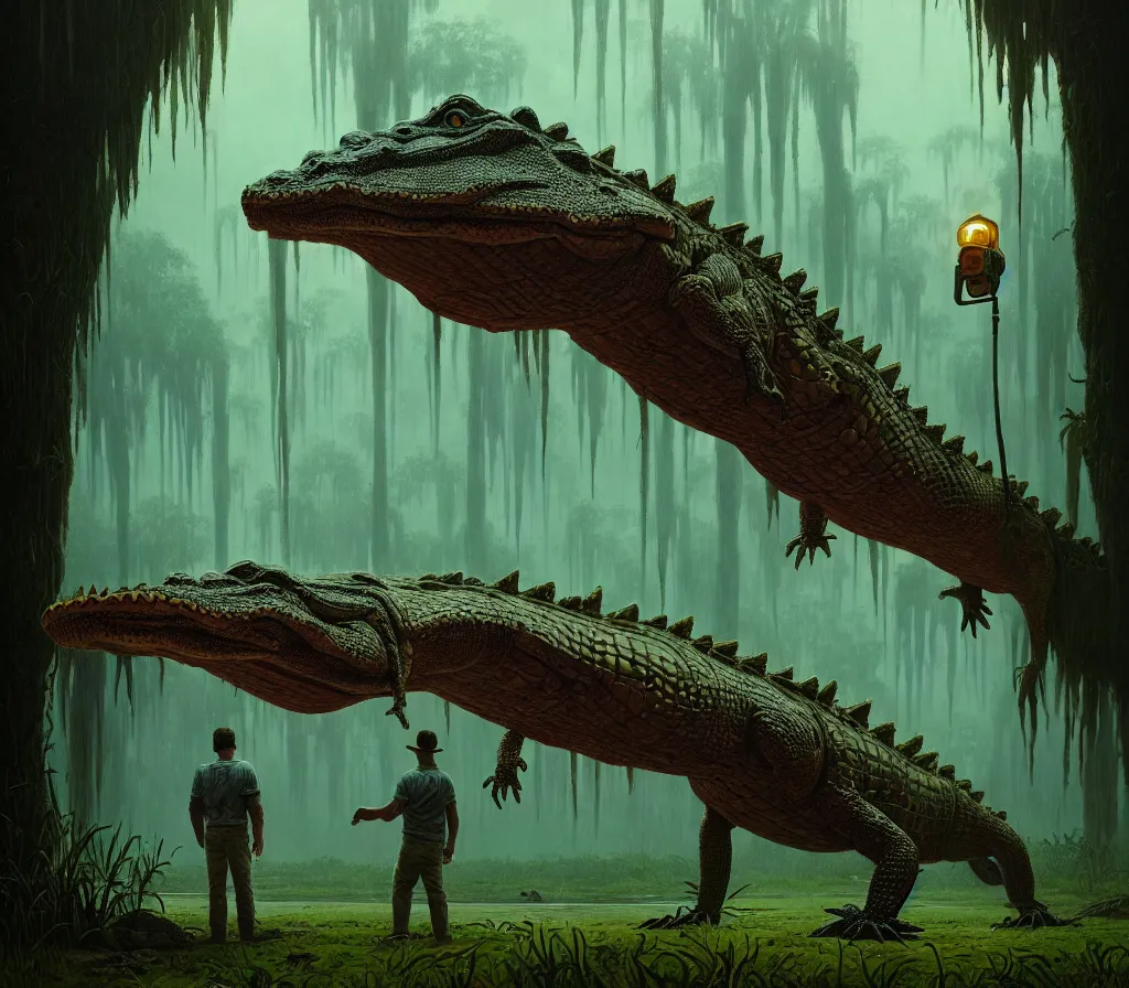 Prompt: a man with the head of an alligator, intricate, detailed, volumetric lighting, sharp focus, scenery, photorealism, digital painting, highly detailed, concept art, by roger dean and simon stalenhag and mark brooks