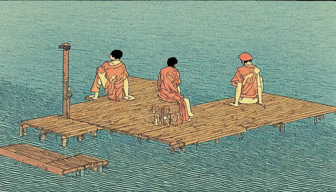 Prompt: sitting at the end of the dock by woodblock print, moebius