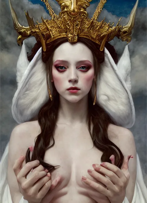 Prompt: white horns queen demon, elegant, wearing a royal robe, hyper realistic, extremely detailed, dnd character art portrait, fantasy art,, dramatic lighting, vivid colors, artstation, by edgar maxence and caravaggio and michael whelan and delacroix, lois van baarle and bouguereau