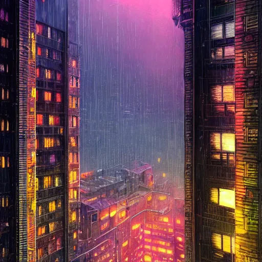 Prompt: highly detailed brutalist architecture city, with neon lights, while it's raining, stephen bliss, unreal engine, fantasy art by greg rutkowski, loish, rhads, ferdinand knab, makoto shinkai, ilya kuvshinov, rossdraws, global illumination, radiant light, detailed and intricate environment