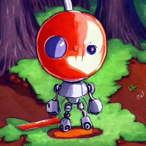 Prompt: cute little robot with tomato head and a carrot sword, made in abyss style standing on a forest