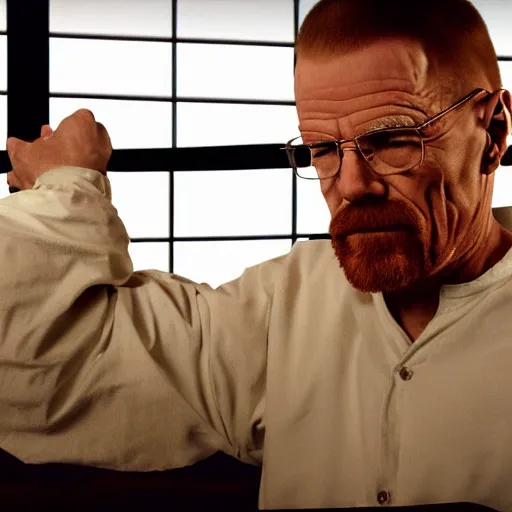 Image similar to Jerma985 hugging Walter White from Breaking Bad, photorealistic, cinematic lighting, shot on iphone