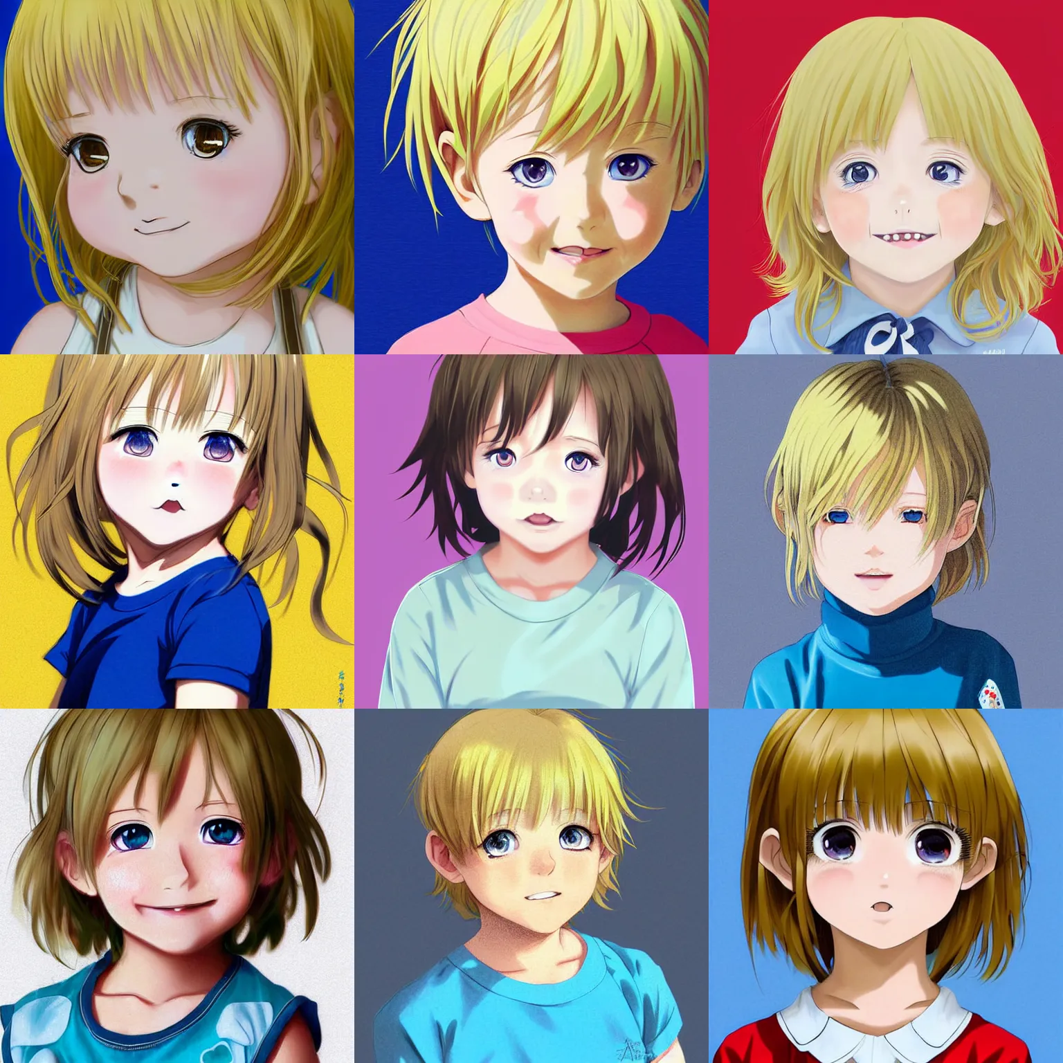 Prompt: A medium shot anime portrait of a little smiling anime girl child with thin curly light golden blonde short hair and light blue eyes, blue-eyed, chubby face, very young, toddler, medium shot portrait, her whole head fits in the frame, solid color background, flat anime style shading, head shot, 2d digital drawing by Stanley Artgerm Lau, WLOP, Rossdraws, James Jean, Andrei Riabovitchev, Marc Simonetti, and Sakimi chan, trending on artstation