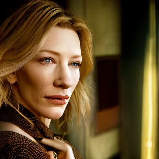 Image similar to Beautiful photography portrait of cate blanchett by Steve McCurry with studio cinematic lighting