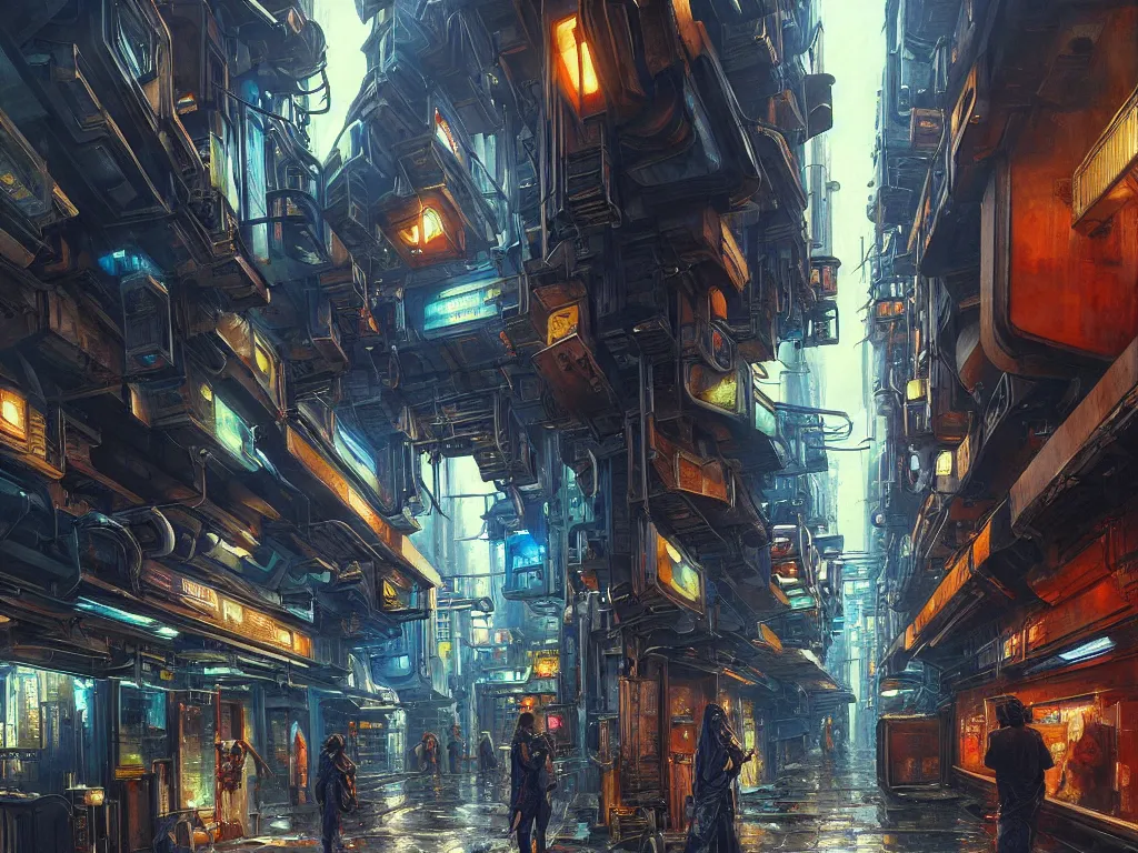 Prompt: realistic painting of a complex, distorted, gritty alleyway of a futuristic city, piping, concept art, technological screens, cyberpunk style, intricate detail, noriyoshi ohrai and edward hopper, realism, blue color scheme, trending on artstation