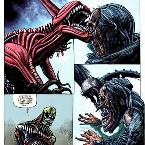 Prompt: alien xenomorph fighting with predator