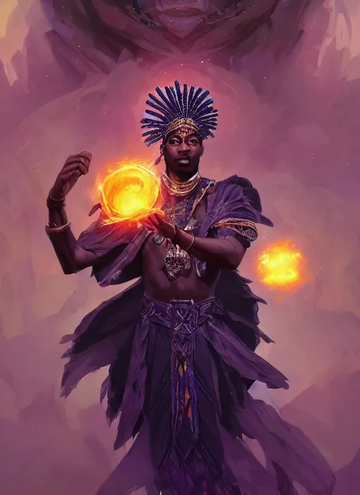 Prompt: handsome black man casting magical spells with powerful crystals, afrikan tribal voodoo headdress and kemetic imagery, digital painting artstation, concept art, matte, sharp focus, illustration, dramatic exploding nebulae, hearthstone, art by artgerm and greg rutkowski and alphonse mucha