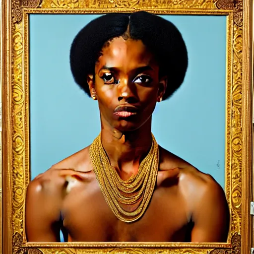 Image similar to A portrait of a skinny modern and stunning non-binary person, medium skin tone, Indian, oil painting by Kehinde Wiley, majestic, detailed, high resolution