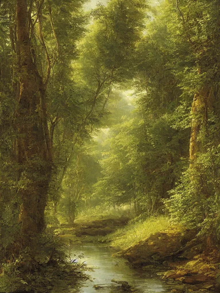 Image similar to stream in a summer cone forest, by shishkin