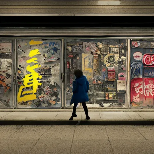 Image similar to incredible wide screenshot, ultrawide, simple watercolor, rough paper texture, ghost in the shell movie scene, backlit distant shot of girl in a parka running from a giant robot invasion side view, yellow parasol in deserted dusty shinjuku junk town, broken vending machines, bold graphic graffiti, old pawn shop, bright sun bleached ground, mud, fog, dust, windy, scary robot monster lurks in the background, ghost mask, teeth, animatronic, black smoke, pale beige sky, junk tv, texture, brown mud, dust, tangled overhead wires, telephone pole, dusty, dry, pencil marks, genius party,shinjuku, koji morimoto, katsuya terada, masamune shirow, tatsuyuki tanaka hd, 4k, remaster, dynamic camera angle, deep 3 point perspective, fish eye, dynamic scene