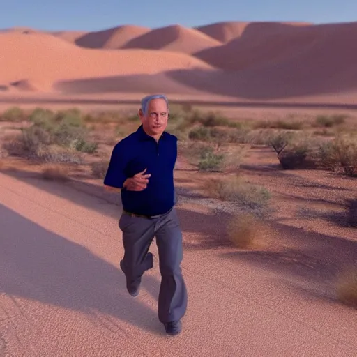 Image similar to benjamin netanyahu running in the middle of the desert, highly realistic, golden lighting, 8 k, cinematic, detailed