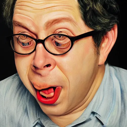 Image similar to high quality high detail painting of todd solondz portrait, happy, showing strong content, pleasure, or fun ; full of joy, by lucian freud and francis bacon, hd, photorealistic lighting