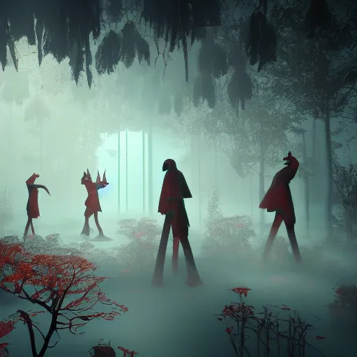 Prompt: crimson forest with a ghost and a cult in it, surreal, sharp focus, digital art, epic composition, concept art, dynamic lighting, intricate, highly detailed, 8 k, unreal engine, blender render