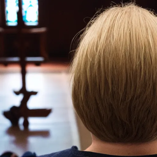 Image similar to a man wearing a wig sitting in a church, photo taken from the back of his head on a phone.