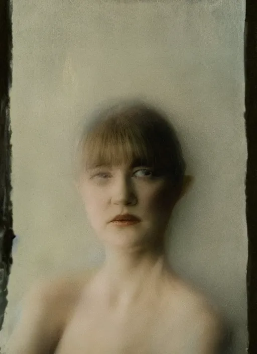 Image similar to out of focus photorealistic portrait of < zelda fitzgerald > as a beautiful young lady by sarah moon, very blurry, translucent white skin, closed eyes, foggy, closeup