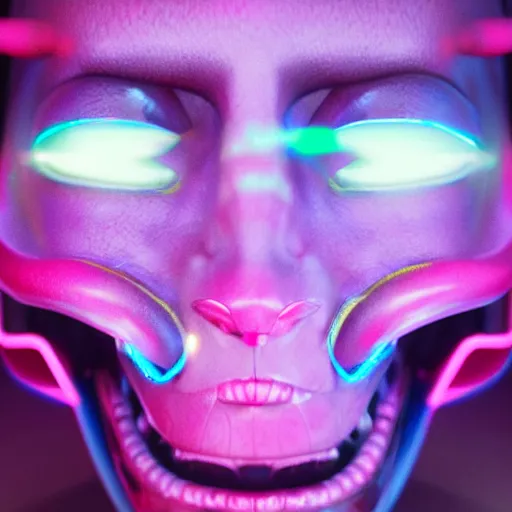 Image similar to synthwave alien face with neon tattos, detailed face, sharp focus, synthwave art, aesthetic, octane render, raw, cinematic