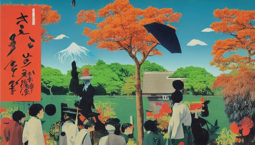 Image similar to Japan rural splendor travel and tourism c2050, surrealist psychedelic collage painting in the style of Forbes magazine, +81 magazine, Magritte, Roger Dean, Yoshio Awazu, vivid color