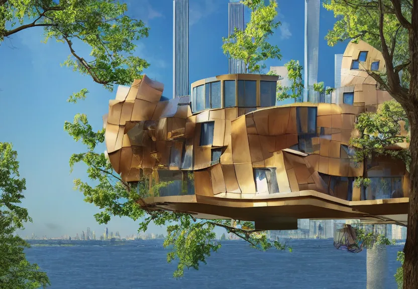 Image similar to a high resolution rendering of a mid century modern treehouse floating above new york city designed by frank gehry