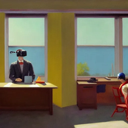 Prompt: A fine art painting of a man wearing Vr goggles and creating the metaverse at a desk through a window on a British street. In the style of Edward Hopper and Wes Anderson