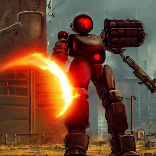 Image similar to photorealistic anthropomorphic red cat, wearing black huge cyber robot gigachad exoskeleton big power armor without helmet, holding huge laser sniper rifle, post apocalyptic cinematic photorealistic background, still, standing on graveyard