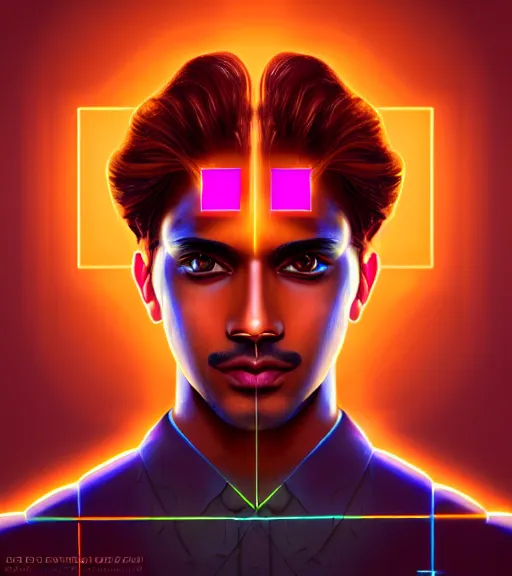 Image similar to symmetry!! indian prince of technology, solid cube of light, hard edges, product render retro - futuristic poster scifi, lasers and neon circuits, brown skin handsome indian prince, intricate, elegant, highly detailed, digital painting, artstation, concept art, smooth, sharp focus, illustration, dreamlike, art by artgerm