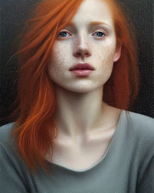 Prompt: portrait of an ethereal ginger beauty in the rain, wet freckles, by mary jane ansell