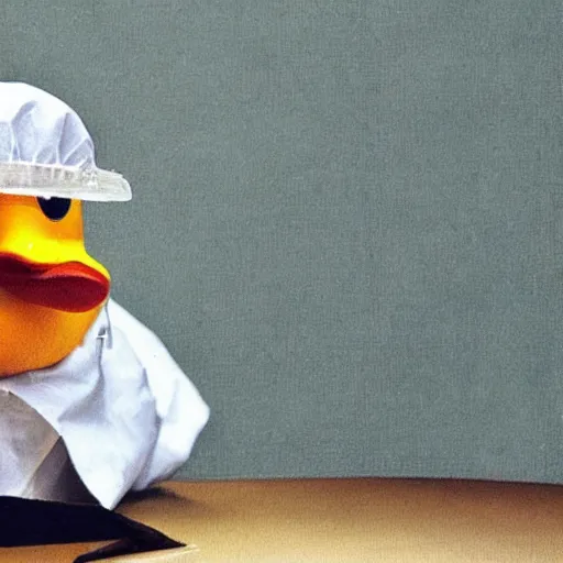 Prompt: a duck wearing a labcoat, a lab in the background