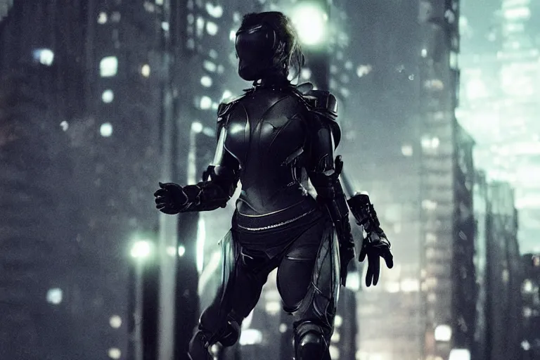 Prompt: VFX movie closeup of a gorgeous futuristic Denise Milaniin black spandex armor in future city, hero pose, beautiful skin, confident, natural city night lighting by Emmanuel Lubezki