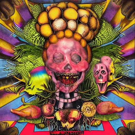 Image similar to punk album cover, blank horizontal banner on top, psychedelic, giuseppe arcimboldo