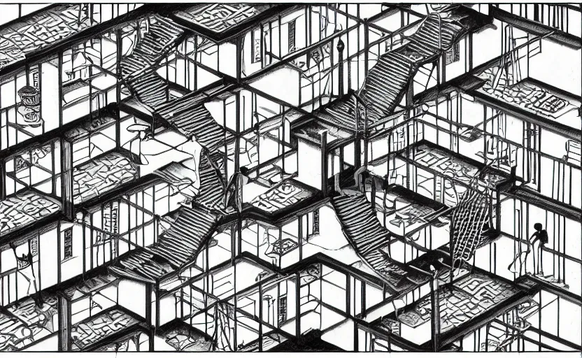 Prompt: Greek Keys, Computers and Staircases isometric wonderland viewscape labyrinthe B&W by MC Escher