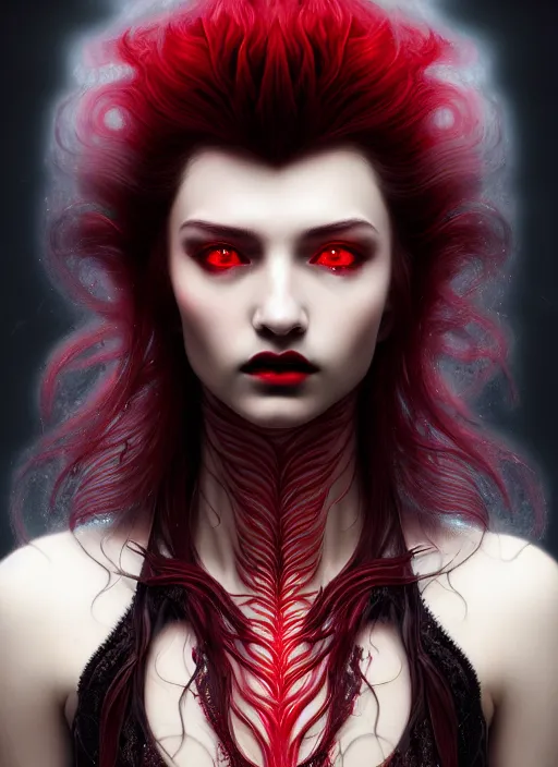 Image similar to a photorealistic detailed close up portrait of a beautiful stoic vampire in glowing ruby armor with flowing hair, black and red only, intricate, elegant, highly detailed, digital painting, artstation, concept art, smooth, sharp focus, illustration, art by hana yata, artem demura, alphonse mucha, octane render, unreal engine, 8 k