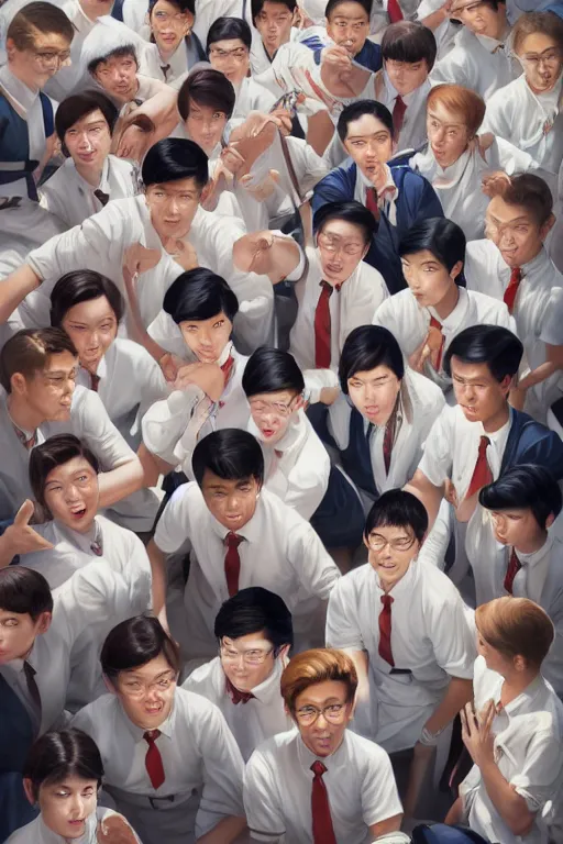 Image similar to top angle shot, wide lens of group of young asian student with white uniform pointing to the camera, octane render, photorealism, masterpiece painted by jc leyendecker, 8 k, high detail, fantasy art, dnd, artstation,