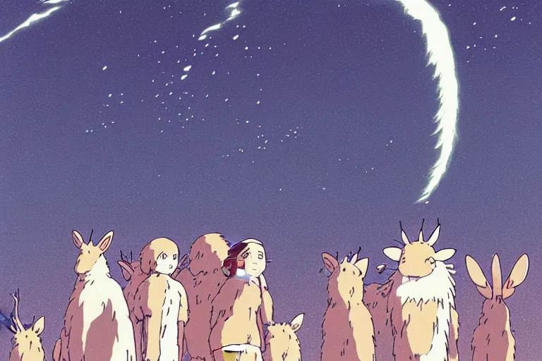 Prompt: a still from a studio ghibli film of a ufo beaming up a group of deer ufo from princess mononoke ( 2 0 0 4 ) at night on a desert road, full body, wide shot, very muted colors, post grunge, studio ghibli, laurie greasley, highly detailed, deviantart, art by artgem