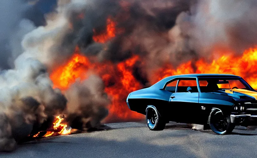 Image similar to a black 1 9 7 0 chevrolet chevelle ss driving high speed, fire explosion in the background, action scen highly realistic. high resolution. highly detailed. dramatic