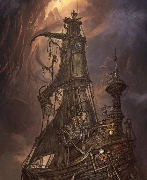 Image similar to an epic fantasy concept of a steampunk davy jones on the flying dutchman