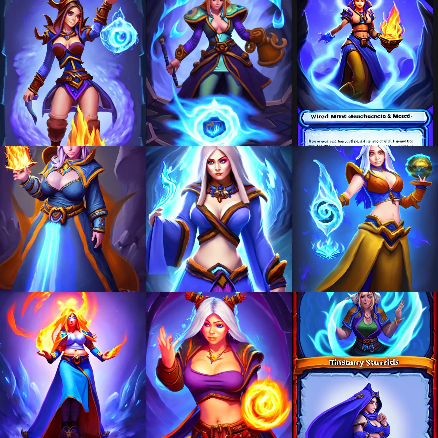 Prompt: IMPORTANT BODY FEATURES : tinyest midriff ever, largest haunches ever, fullest body, small head, SFW huge breasts; Who : a female mage with a blue robe casting a fire spell; ATTENTION : Hearthstone official splash art, SFW, perfect master piece, award winning