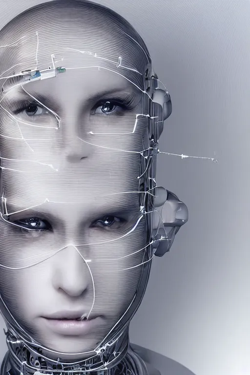 Image similar to robot with human face, female head, full body angle, woman human face, human face realistic, beautiful blonde hair, human head, human head with blonde hair, blonde hair human head, blonde hair, human realistic face, human head skin, cyborg frame concept, cyborg by ales-kotnik, sci-fi android female, the body is made of wires, robotic body, cyborg body, cyborg bust body, robot body cyborg, full body